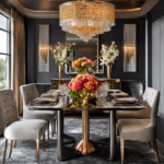 An image showcasing a beautifully curated dining table with a shimmering gold chandelier, sleek silver cutlery, and a copper vase holding vibrant flowers