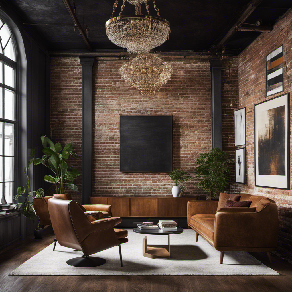 An image showcasing a sleek, minimalist living room with mid-century modern furniture, juxtaposed against a backdrop of aged exposed brick walls, adorned with vintage artwork and an antique chandelier, embodying the perfect blend of modern and vintage decor