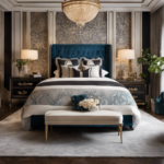 An image showcasing a luxuriously adorned bedroom, blending sleek, contemporary furniture with ornate, classic decor elements