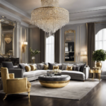 An image showcasing a luxurious living room adorned with a sleek silver chandelier casting shimmering reflections on a gold-framed mirror, complemented by silver and gold accent pillows glistening on a plush velvet sofa