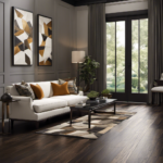 An image showcasing a modern living room with sleek, dark wood flooring seamlessly transitioning into a contemporary tile entryway