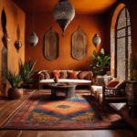 An image showcasing a vibrant Moroccan-inspired living room: richly patterned rugs and cushions in warm earth tones, intricately carved wooden furniture, hanging lanterns casting a warm glow, and decorative ceramic tiles adorning the walls