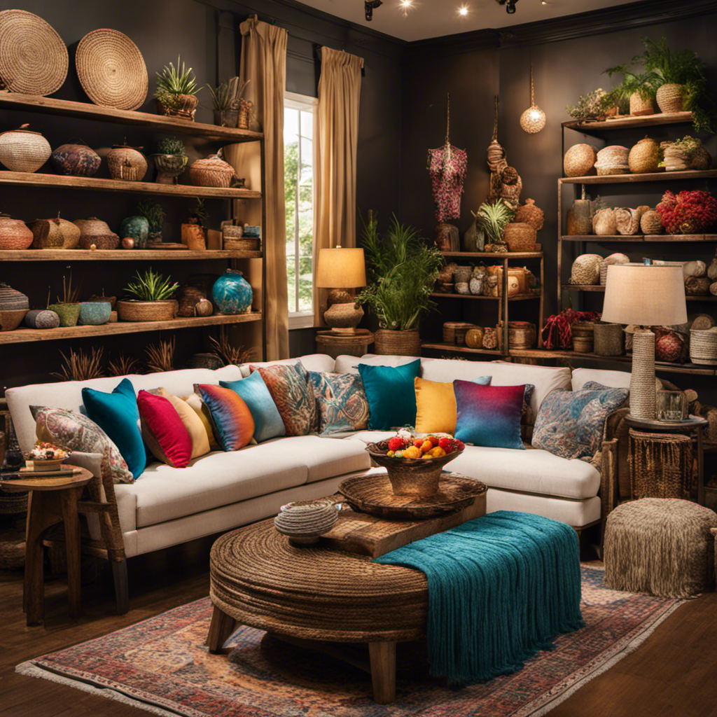 An image showcasing a cozy, well-lit home decor store with shelves adorned with colorful cushions, elegant curtains, and unique wall hangings
