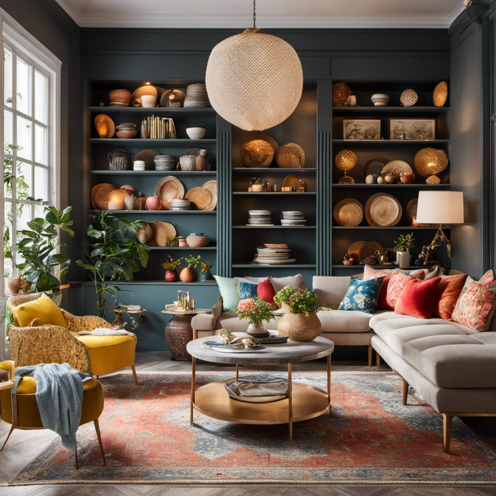 An image showcasing a bright, airy space with shelves adorned with beautiful ceramics, vibrant cushions, and elegant wall art