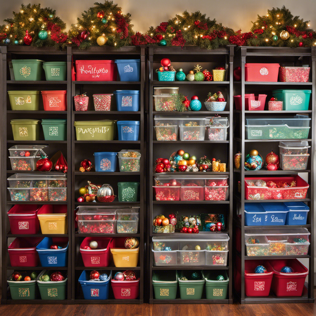 An image capturing neatly labeled storage bins, each adorned with colorful symbols representing various seasons, stacked on sturdy shelves