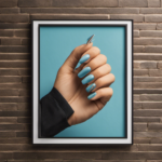 An image capturing a hand holding a removable adhesive strip, delicately attaching a framed artwork to a blank wall