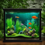 An image showcasing a pair of gloved hands gently scrubbing a vibrant green algae infestation off aquarium décor, with a background of crystal-clear water and colorful fish swimming blissfully