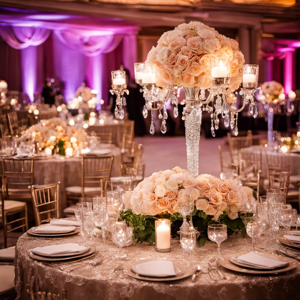 An image showcasing an elegant wedding reception table adorned with exquisite rented decor: lustrous satin tablecloth, delicate lace runners, glistening silverware, and dazzling crystal centerpieces, exuding timeless charm and sophistication