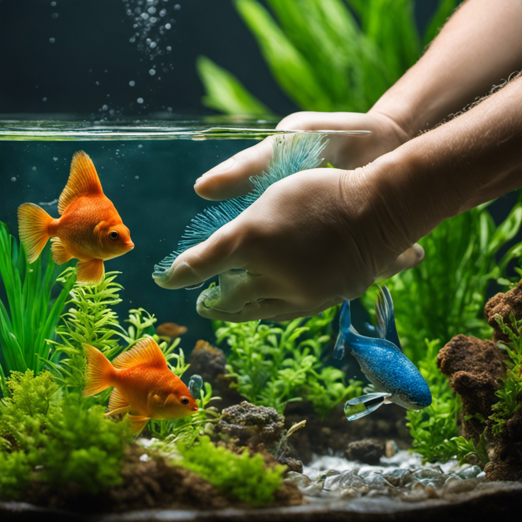 An image showcasing a pair of gloved hands gently scrubbing aquarium decor with a soft brush under a stream of running water, while a bottle of aquarium-safe sanitizer sits nearby