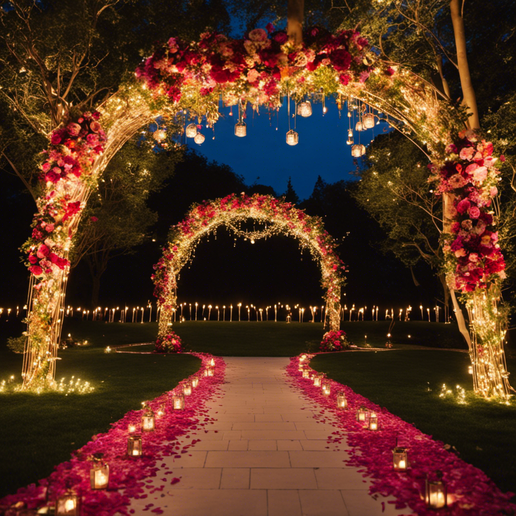An image showcasing a winding garden path adorned with vibrant flower petals, delicate fairy lights gracefully hanging from tree branches, and golden lanterns illuminating the way to an enchanting arch party decor