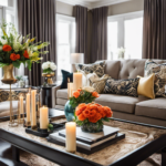 An image showcasing a well-styled living room with vibrant, patterned throw pillows arranged on a plush couch, complemented by an ornate coffee table adorned with elegant candles and a bouquet of fresh flowers