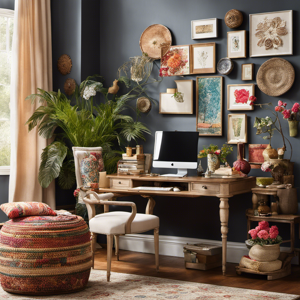 An image showcasing a cozy, well-lit workspace adorned with elegant fabrics, vibrant paint swatches, and an array of decorative items like vases, sculptures, and intricate wall hangings, inspiring readers to embark on their own decor business journey