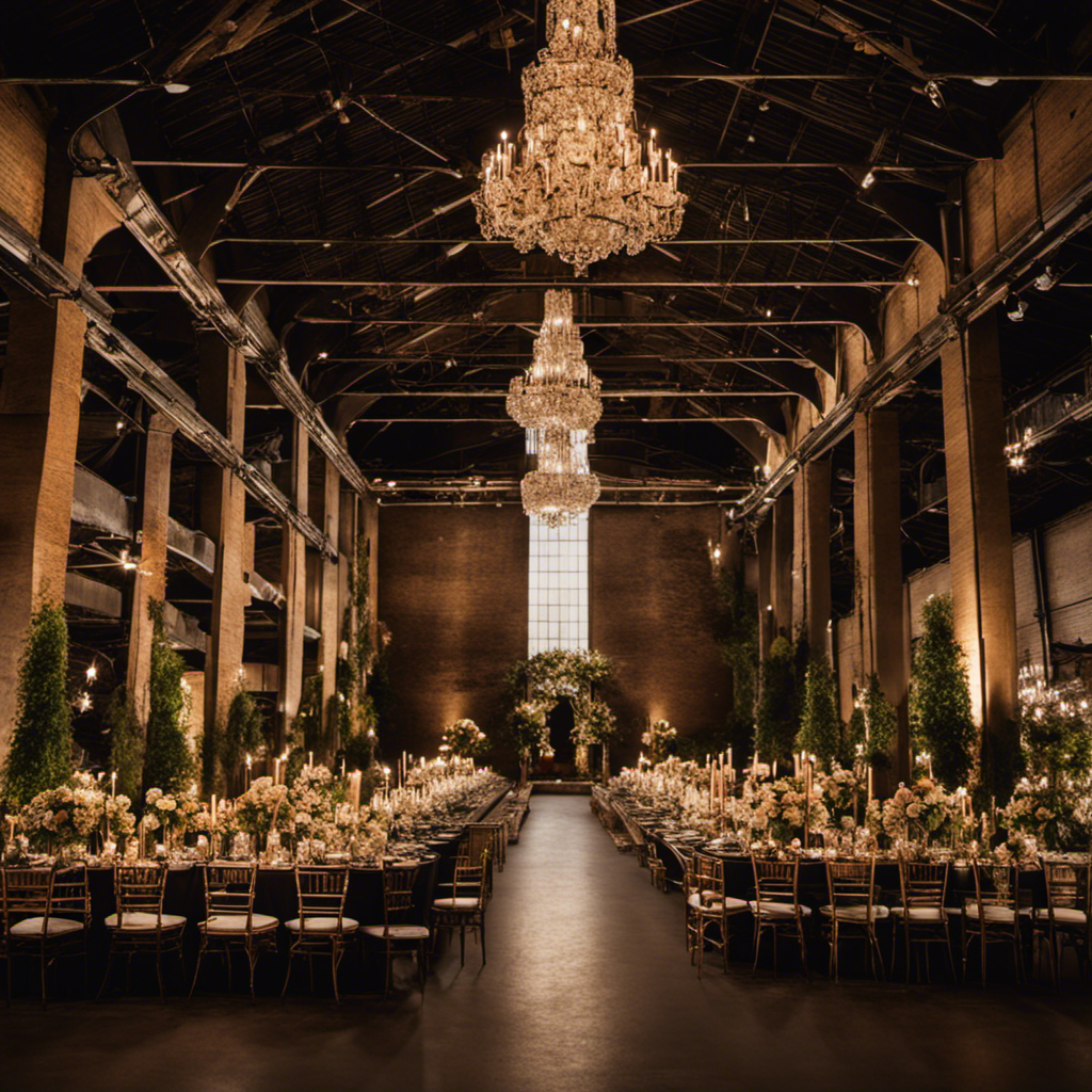 An image showcasing a bustling warehouse filled with an array of elegantly arranged decor items, from ornate chandeliers to vintage furniture, awaiting to be rented out for events
