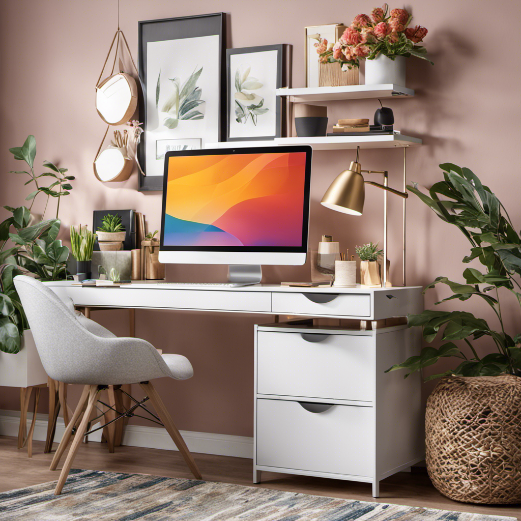 An image showcasing a stylish home office setup with a computer displaying an appealing e-commerce platform for selling home decor products