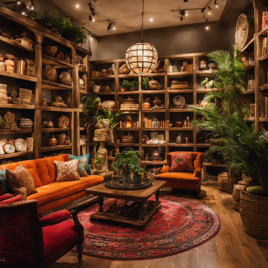 An image showcasing a cozy, well-lit space with shelves filled with eclectic home decor items, vibrant rugs adorning the floor, and a welcoming seating area for customers to browse and gather inspiration