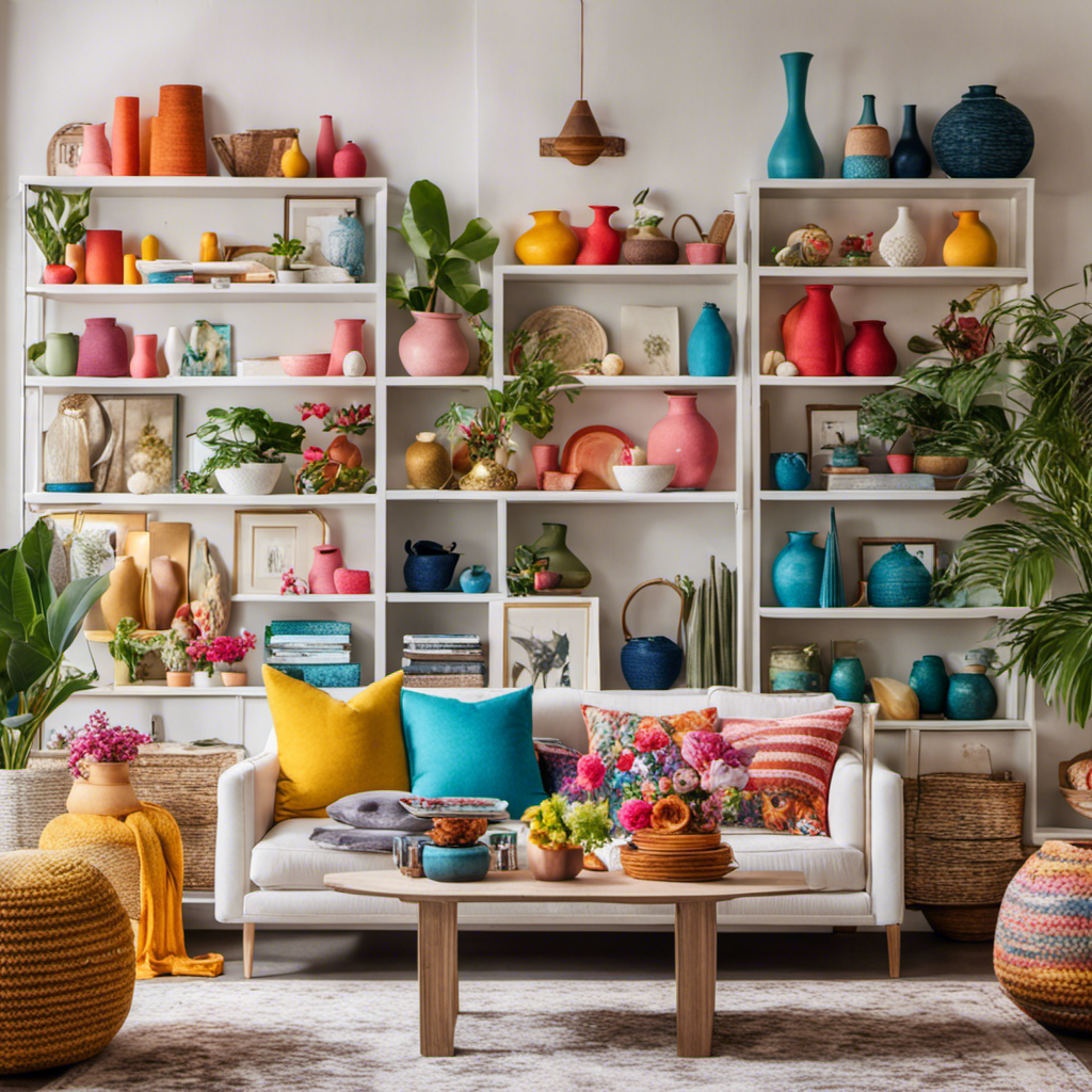 An image showcasing a bright, airy room filled with meticulously arranged shelves adorned with vibrant vases, plush cushions, and elegant wall hangings, inspiring readers on how to begin their own home decor store