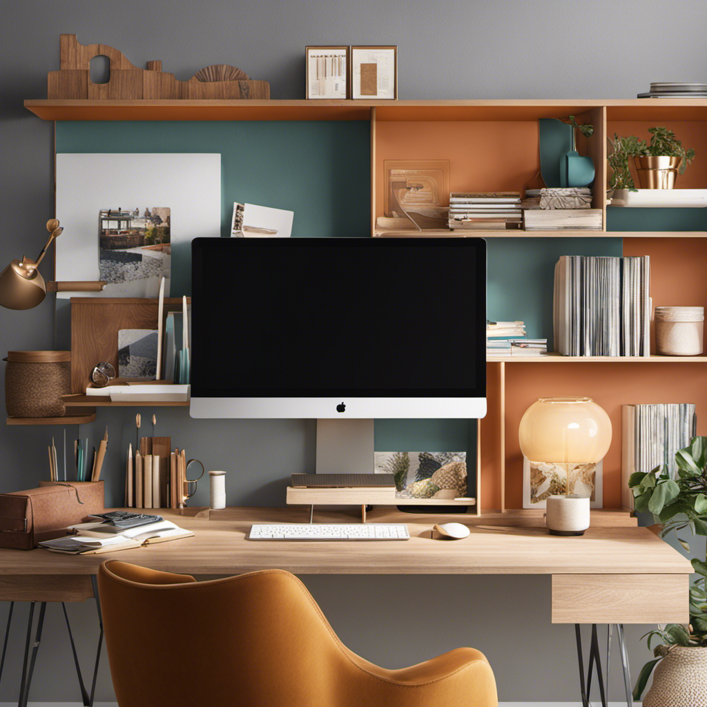 An image showcasing an inviting home workspace, adorned with a stylish desk, shelves displaying decorative items, and a mood board filled with inspiring color swatches, fabric samples, and design sketches