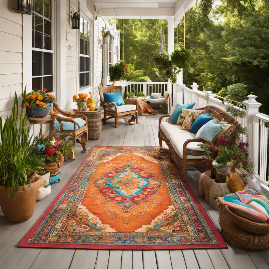 An image showcasing a vibrant, sun-kissed porch floor adorned with a variety of decorative elements, such as colorful rugs, potted plants, lanterns, and hanging ornaments, all perfectly secured and adding charm to the outdoor space