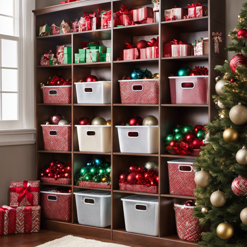 An image showcasing a neatly organized storage area with labeled plastic bins filled with various Christmas decorations, such as delicate glass ornaments, glittering garlands, and intricately designed tree toppers