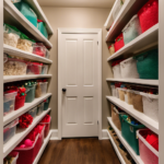 An image showcasing a neatly organized closet with labeled plastic bins, filled with colorful holiday decorations
