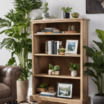 An image showcasing a beautifully arranged bookshelf, adorned with vibrant potted plants and elegant picture frames, ingeniously concealing a stylishly camouflaged WiFi router amidst the tasteful decor