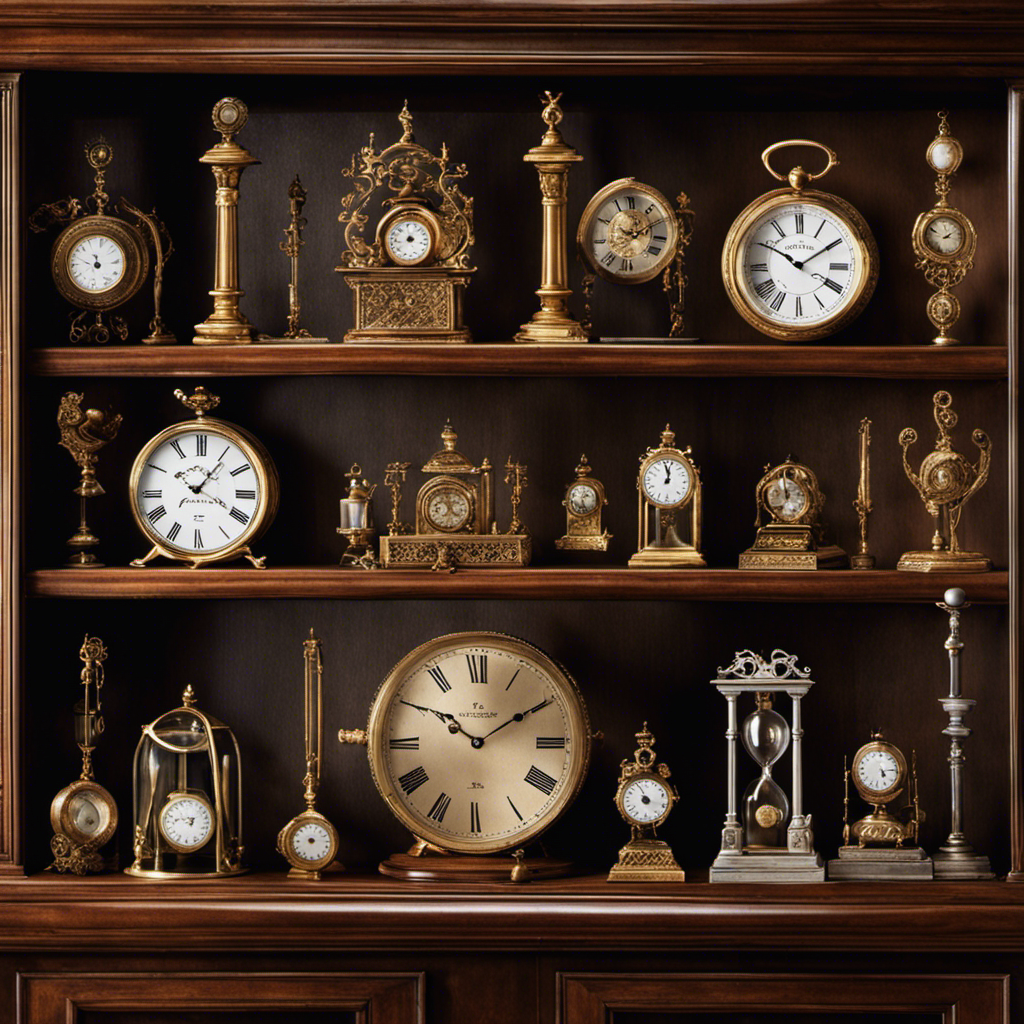 An image that showcases a beautifully arranged bookshelf adorned with an antique clock, vintage hourglasses, and a collection of pocket watches - a charming display that highlights the art of telling time through decorative elements