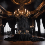 An eerie atmosphere for your Gothic Halloween party with a dimly-lit room adorned in black lace curtains, flickering candlelight casting haunting shadows, and a grand chandelier adorned with black roses