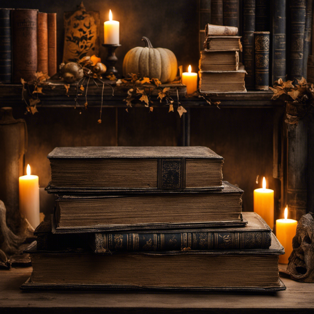 An image showcasing a spooky, yet captivating scene where a stack of worn-out, weathered books meticulously transforms into eerie Halloween decor
