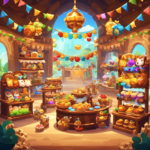 An image showcasing a vibrant in-game marketplace in Cookie Run Kingdom, filled with colorful stalls adorned with various decorative items