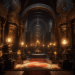 An image showcasing a character in Dragon Age Inquisition discovering a hidden room filled with ornate tapestries, golden chalices, and intricate sculptures, conveying the concept of unlocking decor through exploration