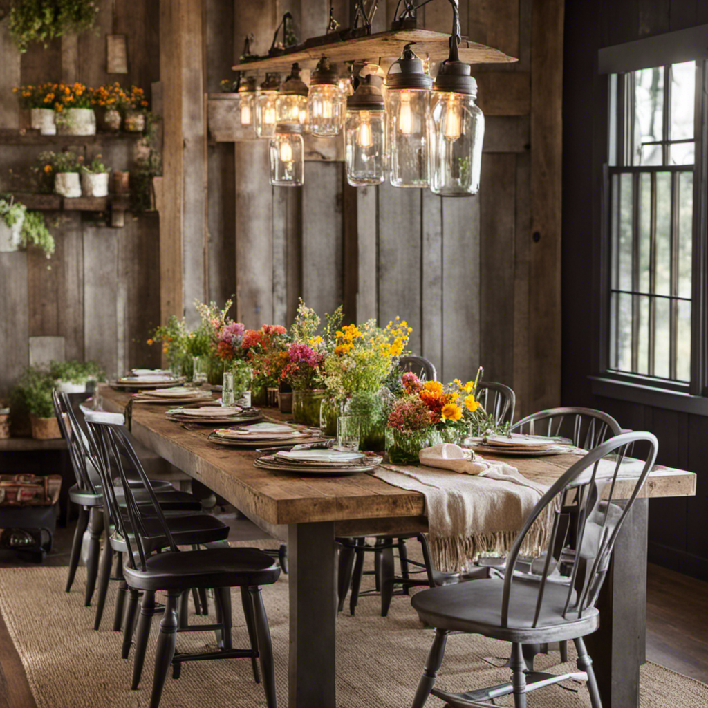 An image that showcases a rustic wooden dining table adorned with a centerpiece of mason jars filled with wildflowers
