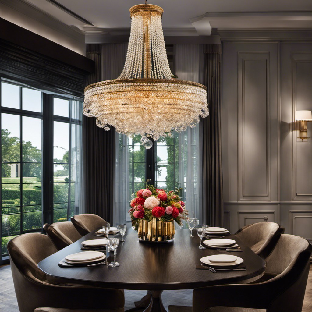 An image showcasing a beautifully restored vintage chandelier hanging above a sleek, contemporary dining table adorned with a vibrant bouquet of flowers, symbolizing the perfect blend of traditional and modern elements in updating traditional decor