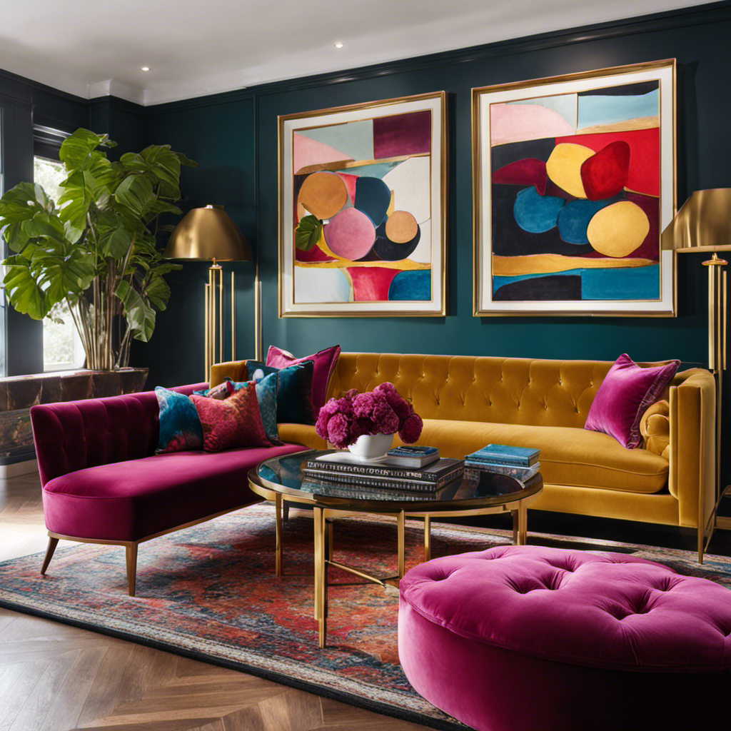 An image showcasing a vibrant living room adorned with plush, jewel-toned velvet sofas, complemented by a sleek, brass-accented coffee table, and an art gallery wall featuring striking abstract paintings