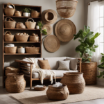 An image showcasing a cozy living room corner adorned with a variety of beautifully woven baskets