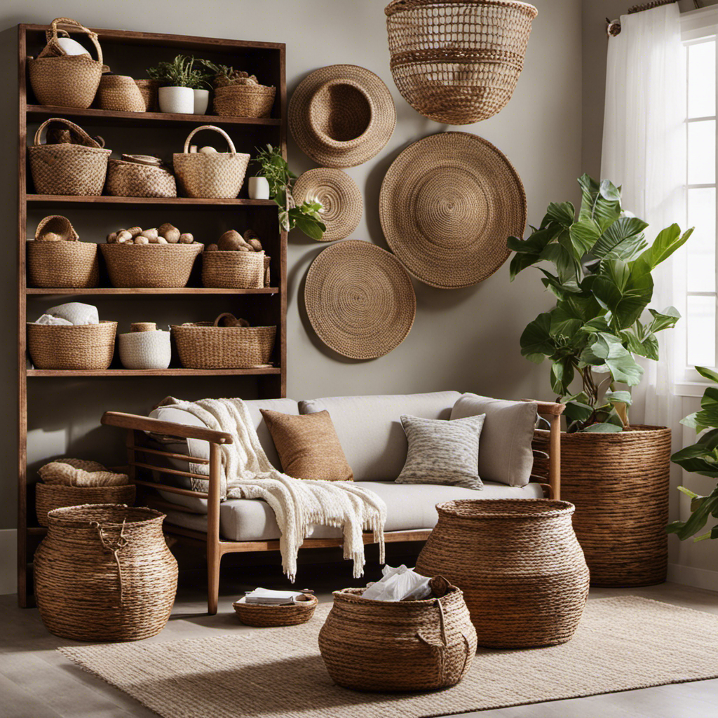 An image showcasing a cozy living room corner adorned with a variety of beautifully woven baskets