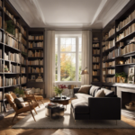 An image capturing a cozy living room adorned with shelves, displaying meticulously stacked books of various sizes and colors