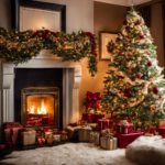 An image showcasing a cozy Christmas living room adorned with plush fur stockings hanging from the fireplace mantel, a luxurious fur tree skirt, and a soft fur throw draped over a chair