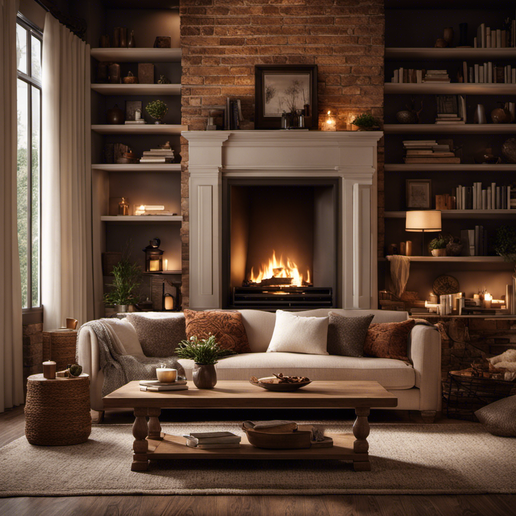 An image showcasing a cozy living room adorned with earth-toned pillows and throws, soft lighting from a fireplace, a plush rug, and a vintage wooden coffee table stacked with books and a steaming cup of tea