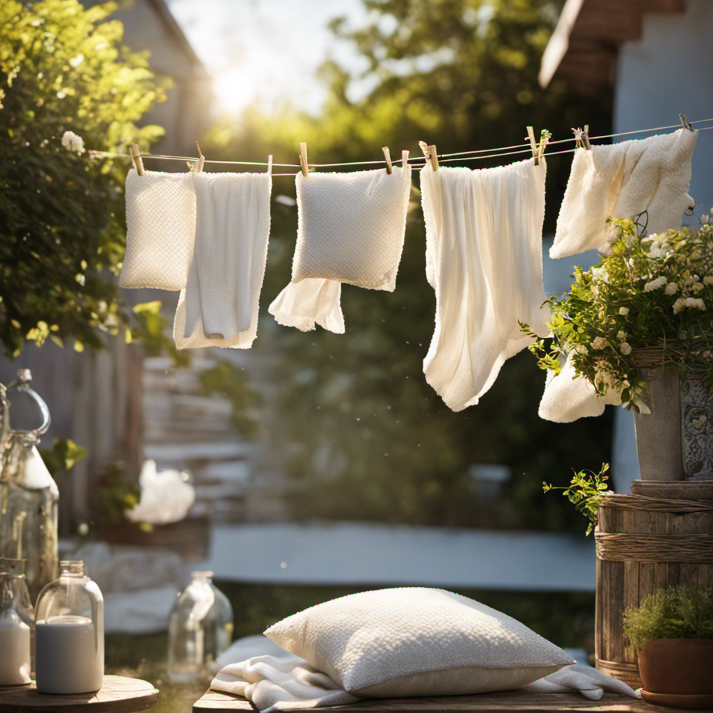 An image showcasing the step-by-step process of washing decor pillows: a hand pouring mild detergent into a washing machine, pillows rotating inside with water and bubbles, and finally, clean and fluffy pillows drying on a clothesline in a sunlit backyard
