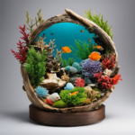An image showcasing an array of vibrant and intricate aquarium decorations meticulously crafted from natural materials like driftwood, seashells, coral, and smooth river stones, inspiring readers to explore the possibilities of handmade aquatic adornments