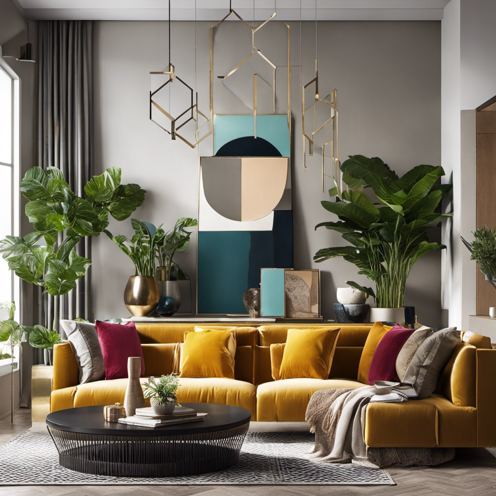 An image showcasing a modern living room with sleek furniture, vibrant pops of color, and statement wall art