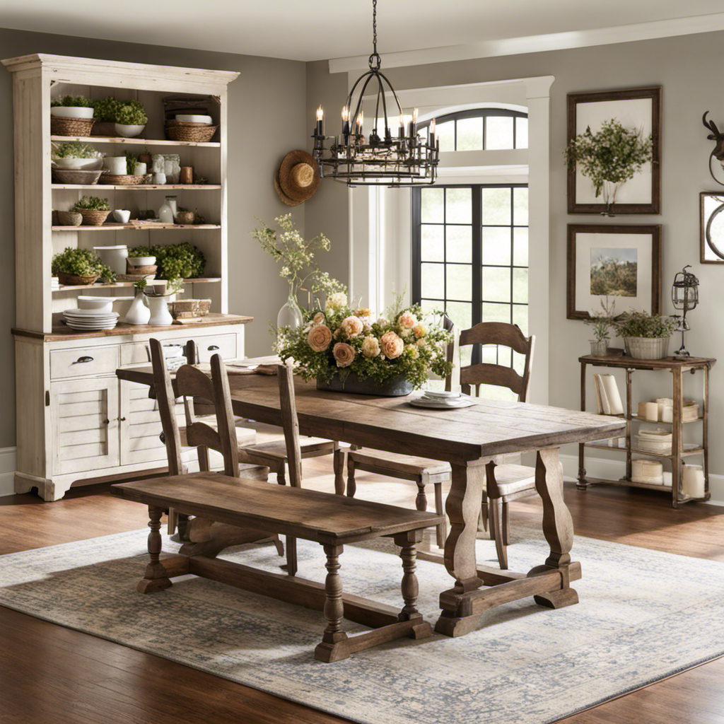 An image showcasing Joanna Gaines-inspired home decor: a rustic farmhouse dining table adorned with a bountiful floral centerpiece, surrounded by mismatched vintage chairs, bathed in warm natural light pouring through a nearby window