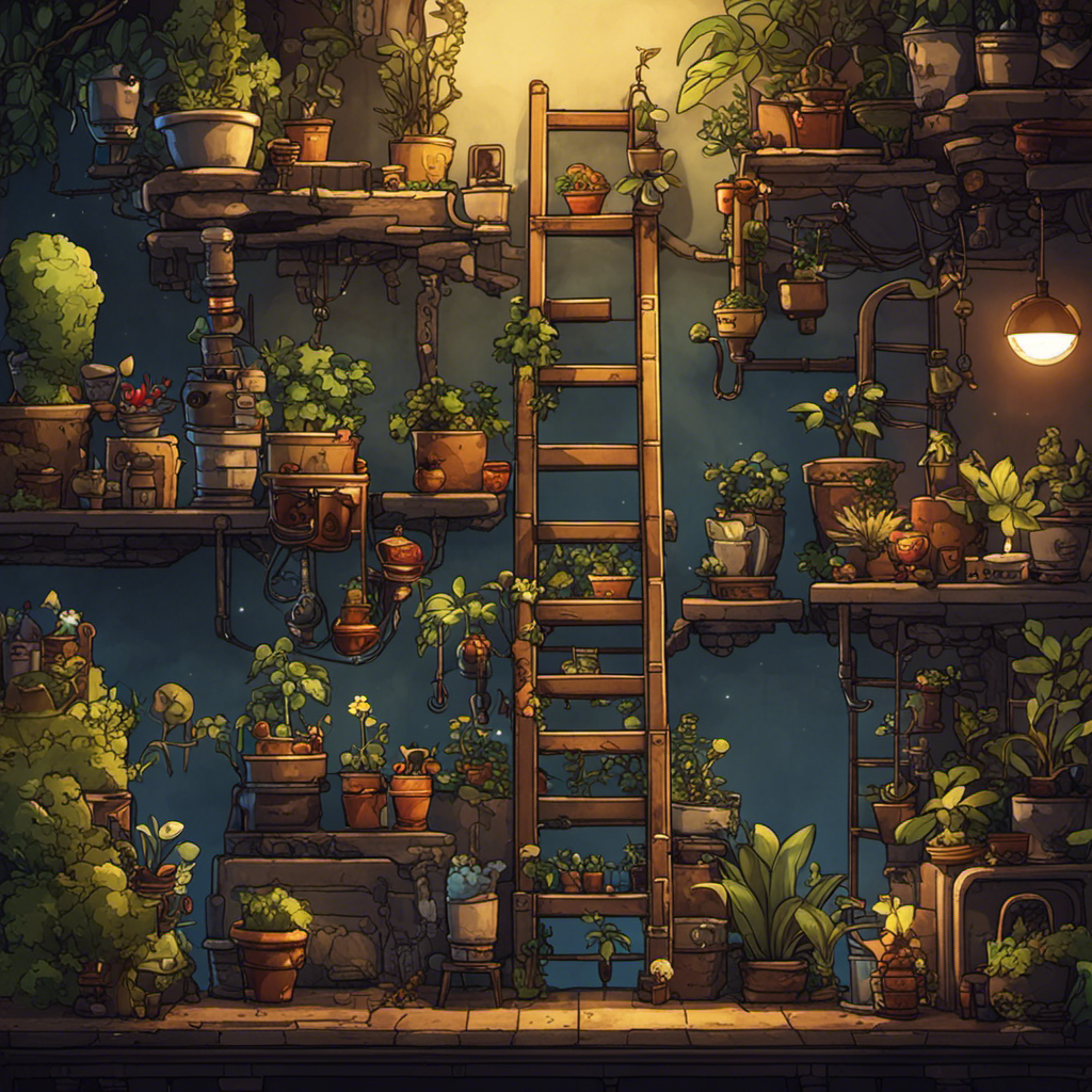 An image showcasing a clever setup in Oxygen Not Included: a ladder tucked between two walls adorned with vibrant potted plants and decorative statues, ingeniously camouflaging the otherwise mundane decor of the ladders