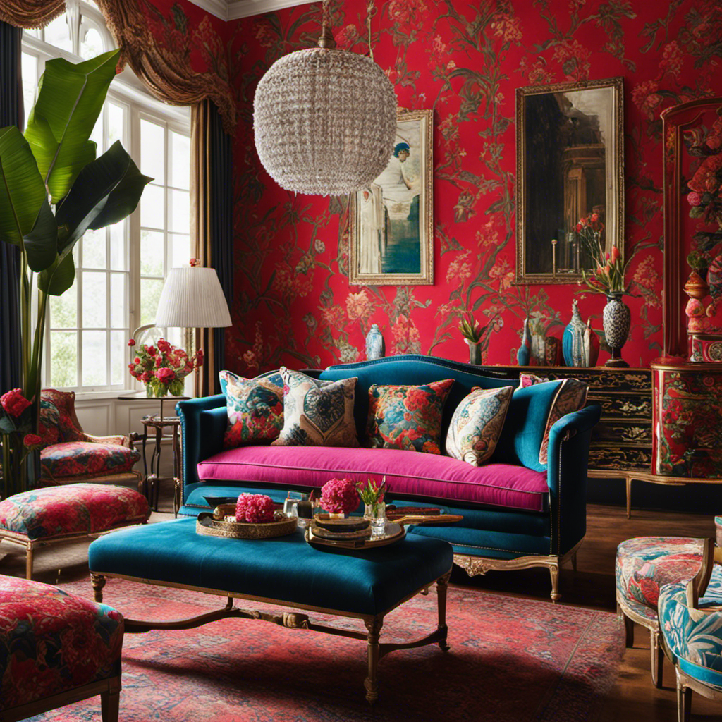 An image showcasing a stylish interior designer skillfully arranging furniture and decor, while a dedicated wallpaper specialist meticulously hangs a vibrant pattern, surrounded by a team of talented artisans crafting bespoke accessories and textiles