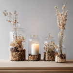 An image showcasing a minimalistic Scandinavian decor, featuring glass jars filled with delicate dried flowers, wooden beads, and candle stubs
