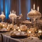 An image showcasing a lavish table setting adorned with sheer swag drapes, elegantly covering a video screen