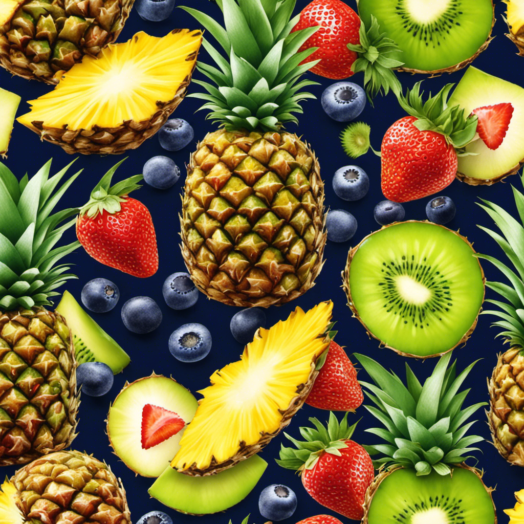 An image capturing a hand holding a sharp knife, delicately peeling the skin of a juicy pineapple, while another hand intricately decorates it with vibrant slices of kiwi, strawberries, and blueberries