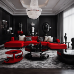An image showcasing Tokyo Ghoul-inspired decor: a sleek, monochrome living room with blood-red accents