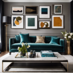An image showcasing a beautifully decorated living room, featuring a plush velvet sofa adorned with vibrant throw pillows, a sleek coffee table displaying a cluster of elegant vases, and an exquisite gallery wall displaying an array of framed artwork