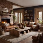 An image showcasing a cozy living room adorned with earthy tones, plush cushions, and rustic furniture